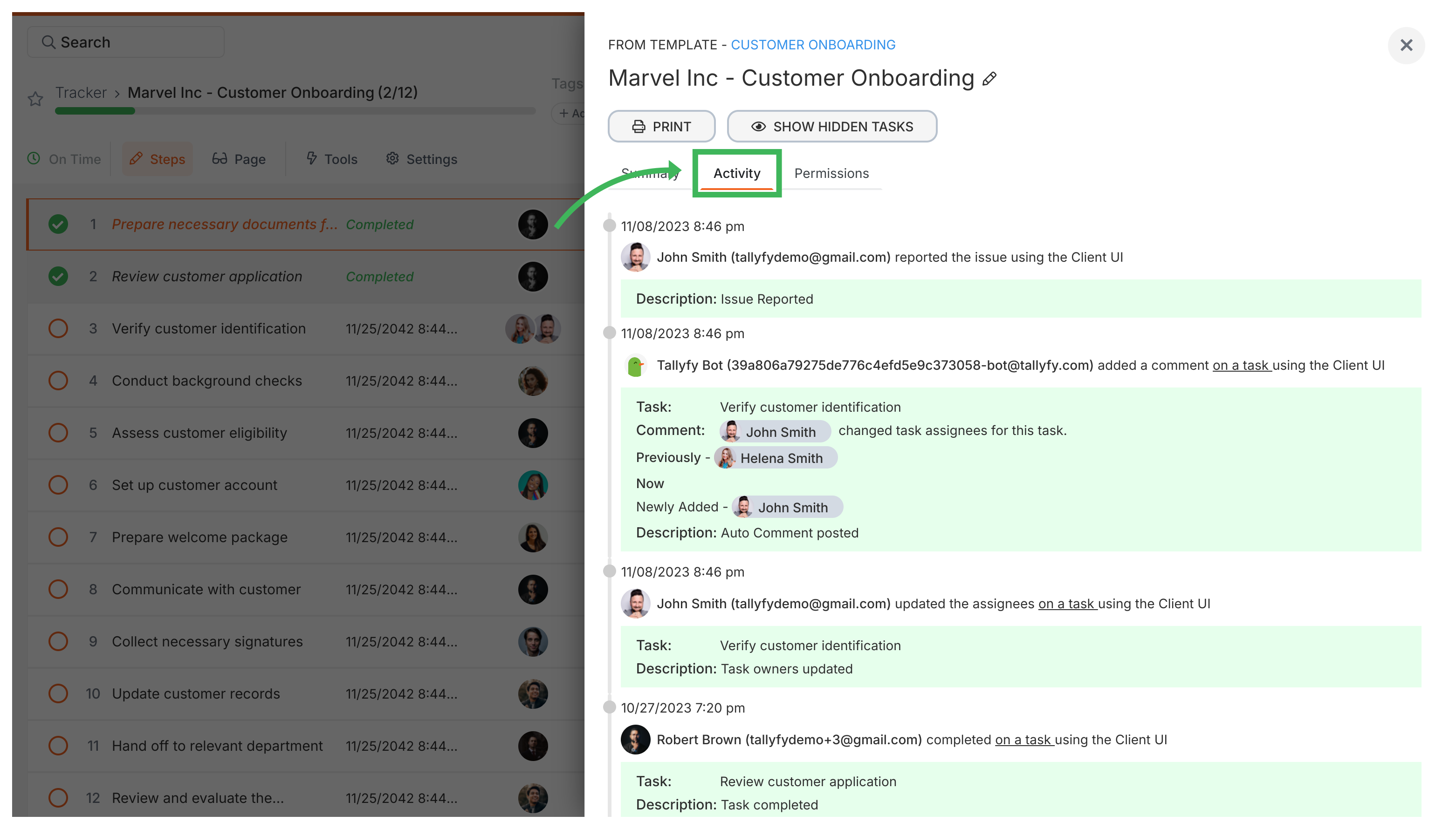 Process Activity tab showing a log of events